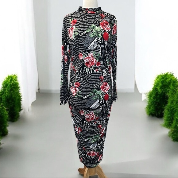 Almost Famous Black Floral Newsprint Long Sleeve Bodycon Dress size 1X - Picture 16 of 16